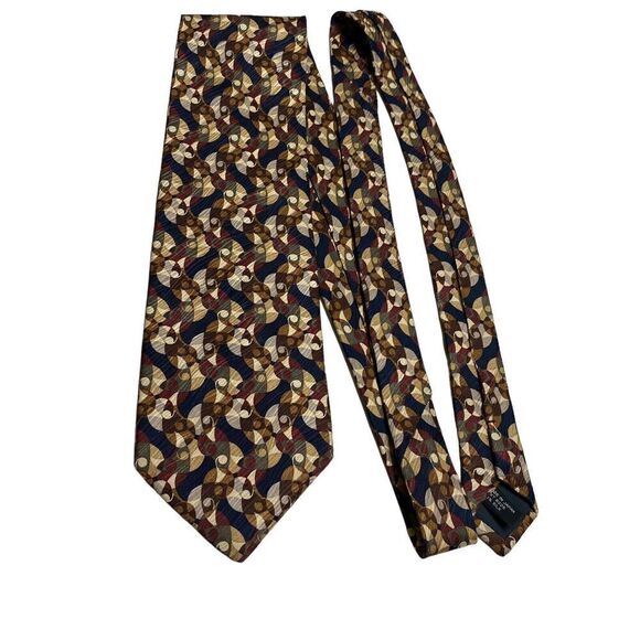 Jhane Barnes Tie Men's Necktie Silk Brown Beige Black Green Abstract Circles - Picture 7 of 7